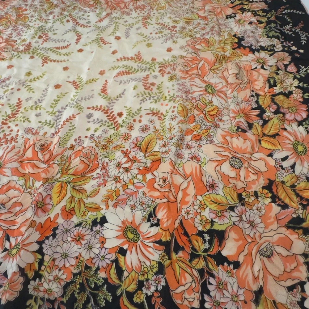 Vintage Floral Scarf Orange Black Garden Print Retro 32x34 Large Square Wrap